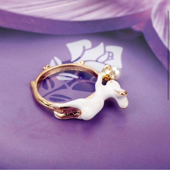 Enamel Bunny Rabbit Ring Gold Tone Faux Pearl Jewelry Animal Aesthetic Size 7 - Picture 6 of 11